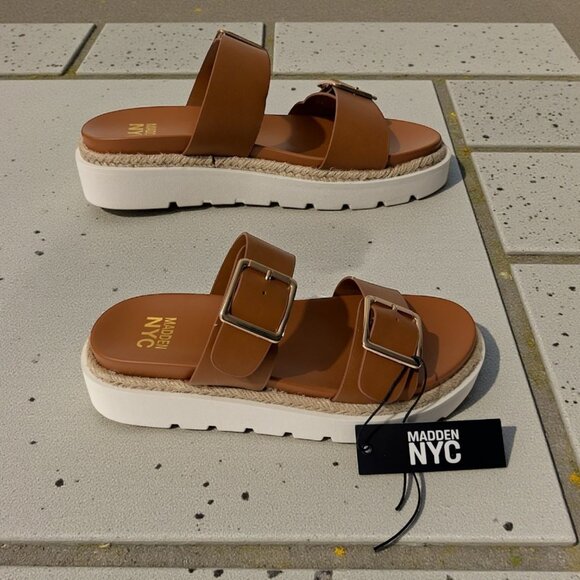 Madden Nyc Shoes - Madden NYC Womens Platform Sandals Brown Faux Leather Double Strap Adjustable Bu